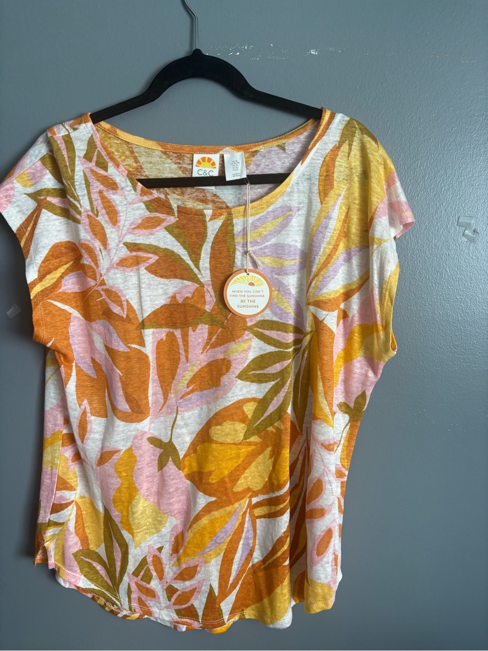 C.C Short Sleeve Tee in Pink, Orange & Yellow Leaf Print